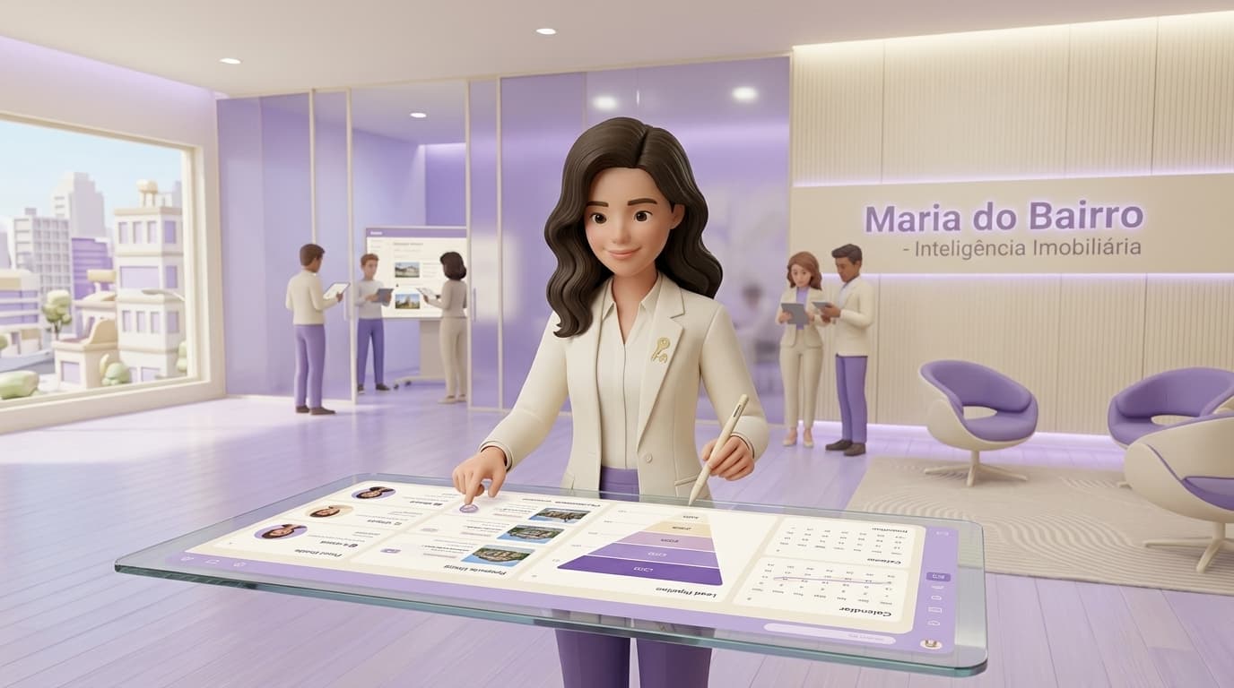 Maria do Bairro com mapa 3D de cidade enquanto corretor sofre com portais antigos